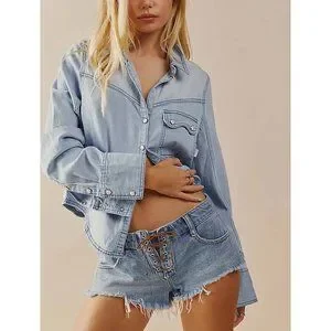 フリーピープル Free People Shrunken デニム Indigo レディース シャツ トップス Light Wash Faded Women's Free People Shrunken Denim Indigo | Zappos.com